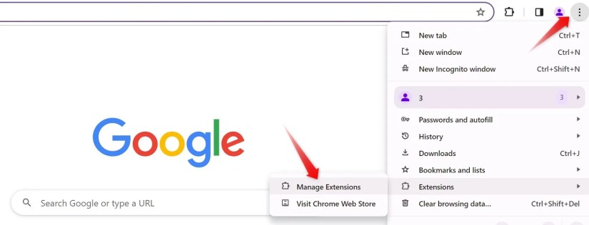 Opening the extensions settings in Chrome