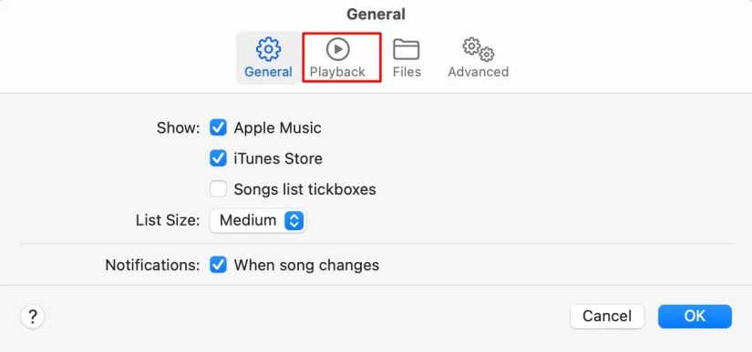 Playback Tab in Apple Music Mac.
