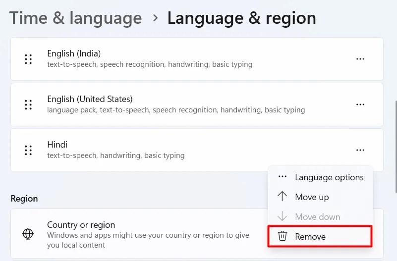 Remove option in the Settings app
