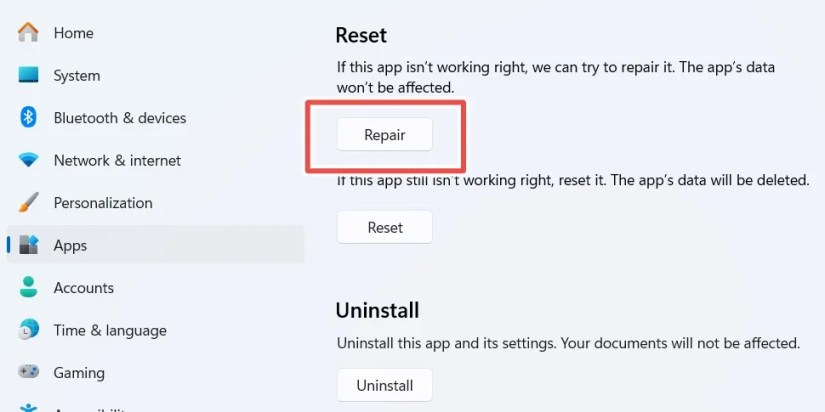 Repairing an add on Windows