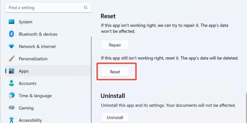 The &lsquo;Reset&rsquo; button for Teams on Windows 11