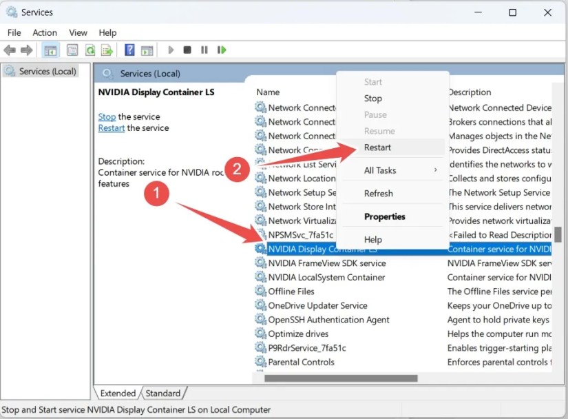 Restarting the &lsquo;NVIDIA Display Container LS&rsquo; service on Windows