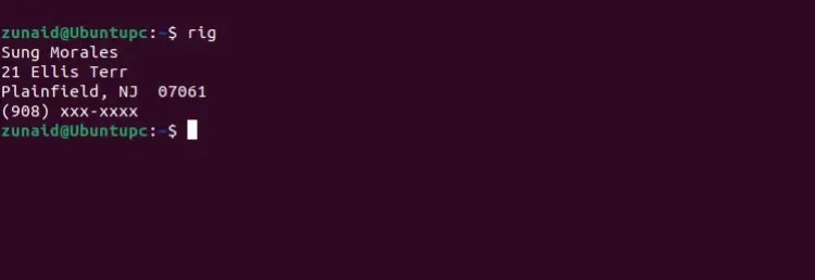 The Linux terminal displaying a fake identity generated with the rig command