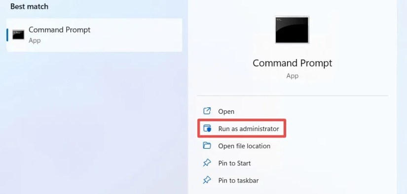 The ‘Run as Aministrator’ option for Command Prompt in Windows.