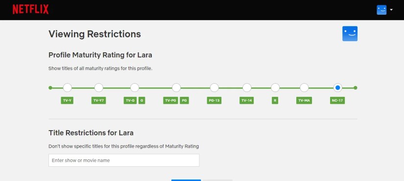 All the available maturty ratings for a Netflix profile.