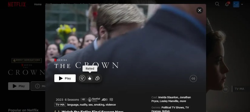 The thumbs up rating button on Netflix.