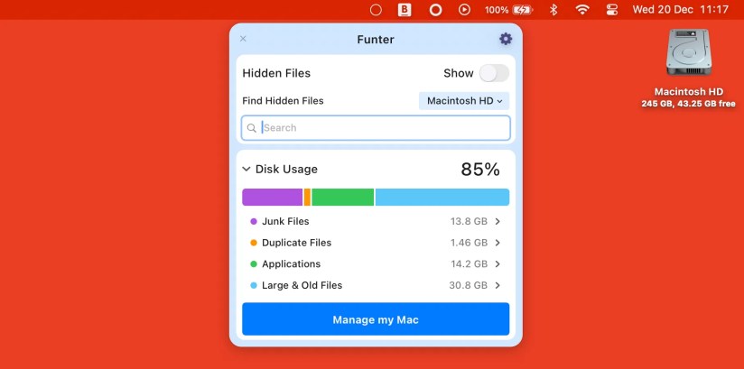 Searching in Funter to find hidden files and folders.