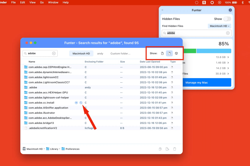 Filtering and accessing hidden files in Funter