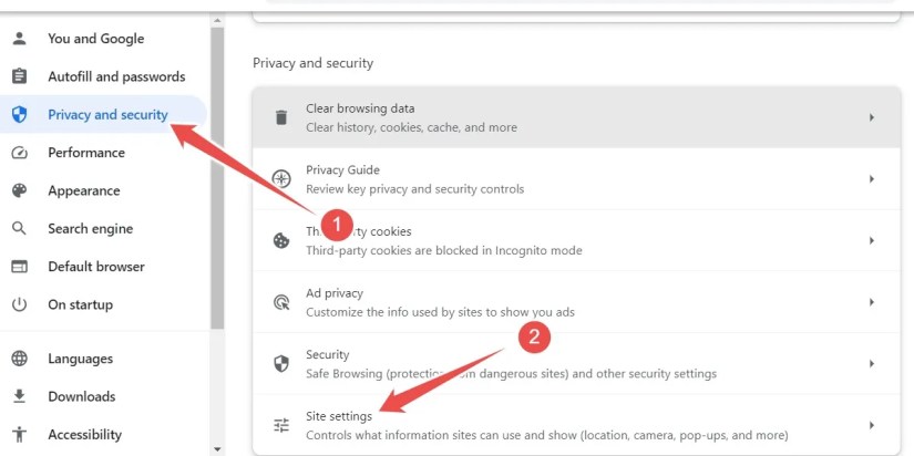 The &lsquo;Site Settings&rsquo; option in the Privacy and Security tab of Google Chrome&rsquo;s settings in Windows 11