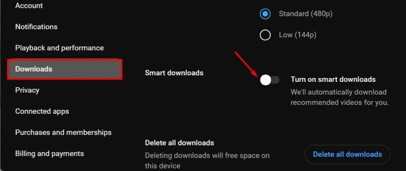 Smart downloads option on YouTube.