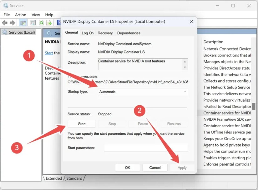Manually starting the &lsquo;NVIDIA Display Container LS&rsquo; service on Windows