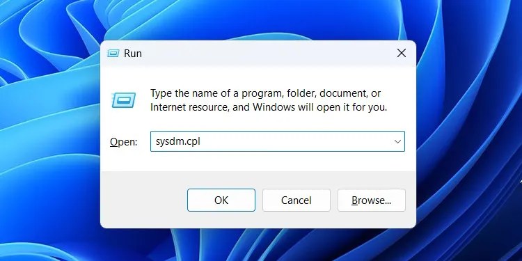 Entering &lsquo;sysdm.cpl&rsquo; in Windows Run