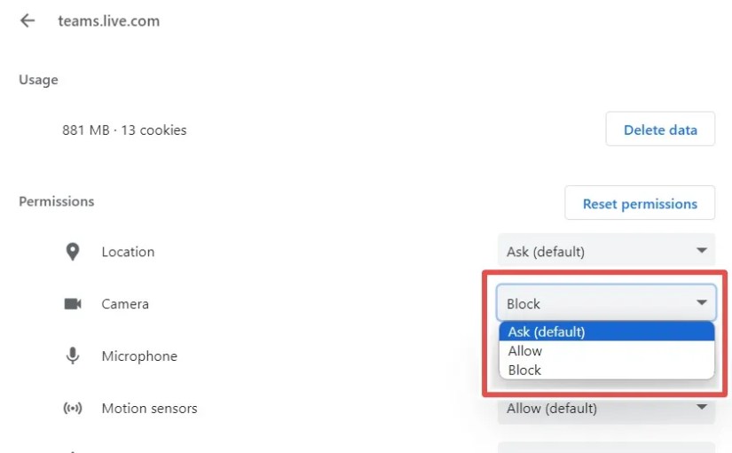 The camera permissions for Teams in Chrome