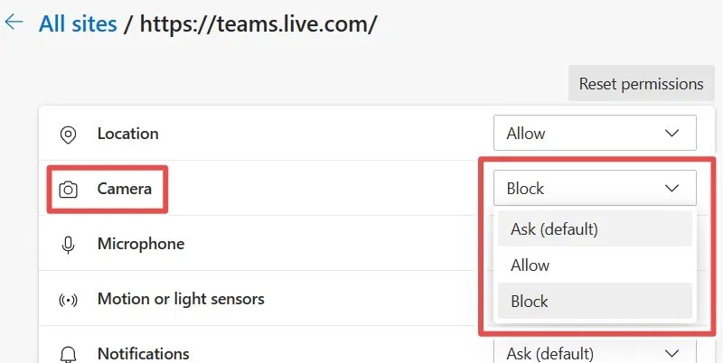 The camera permissions for Teams in Edge on Windows 11