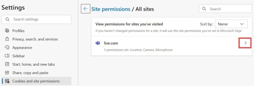The &lsquo;live.com&rsquo; website in the All Sites page in Edge&rsquo;s settings on Windows 11