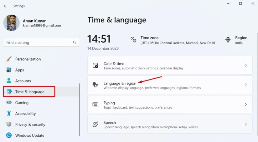 Time &amp; language option in the Settings app