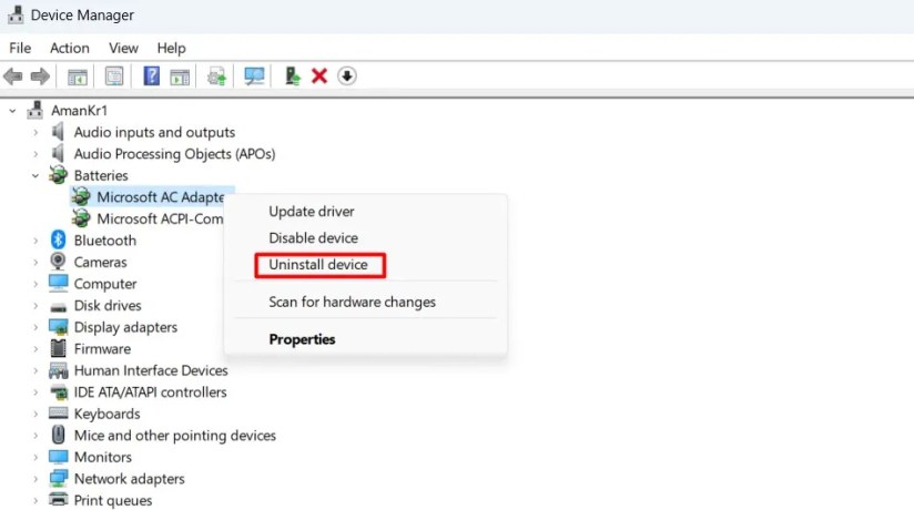 The Uninstall Device option in Device Manager.