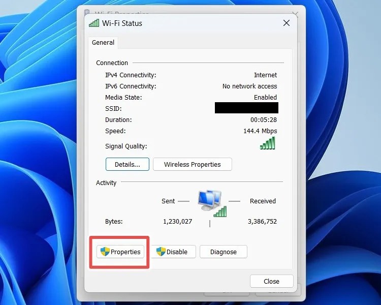 The &lsquo;Properties&rsquo; button for the Wi-Fi status window on Windows.