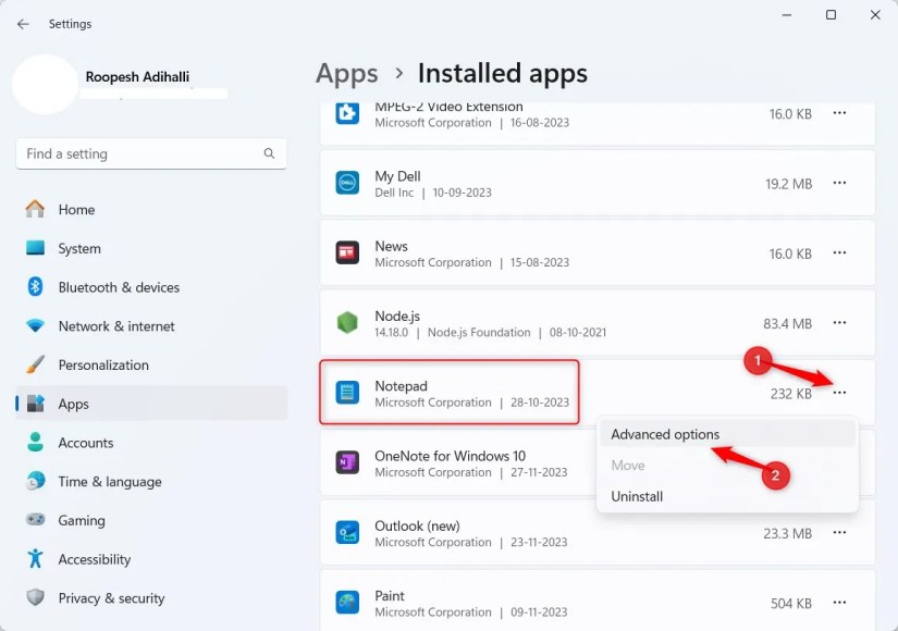 Windows 11 Installed Apps section highlighting Notepad ellipsis options.
