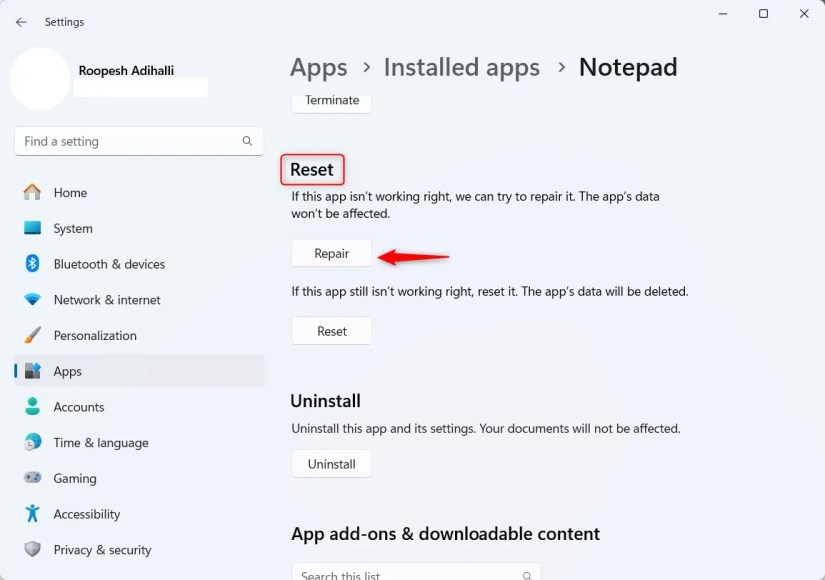 Windows 11 Notepad app section highlighting Repair button.