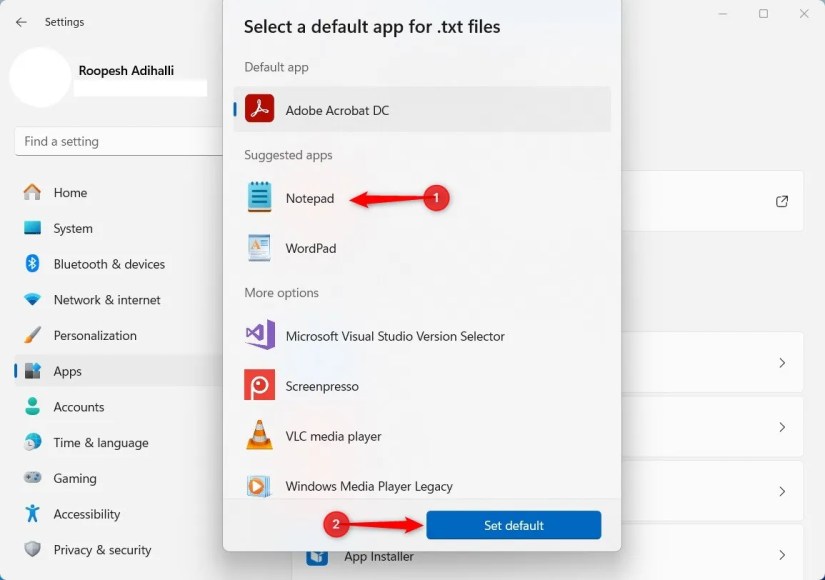 Windows 11 Default Apps section with set default Pop-Up window.