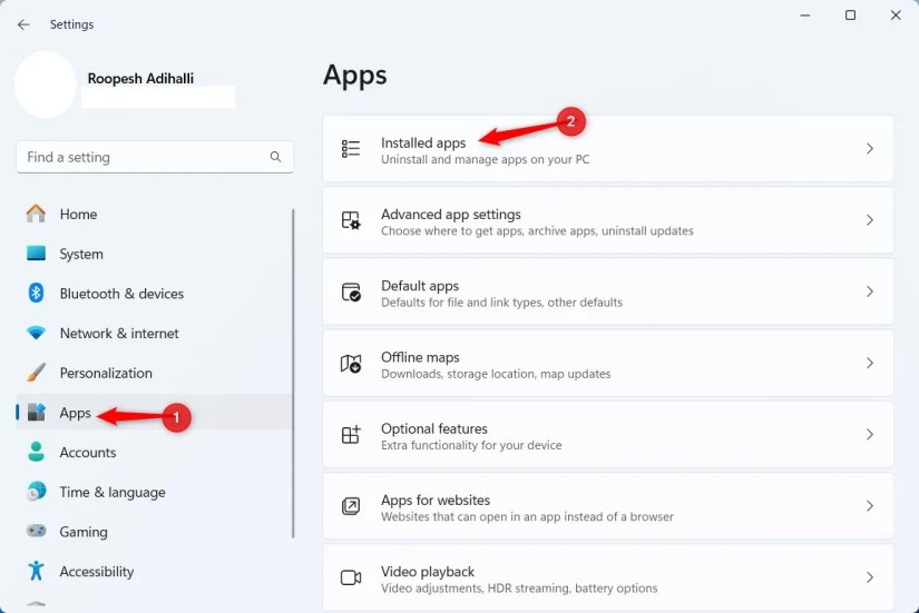 Windows 11 Settings highlighting the Installed Apps option.