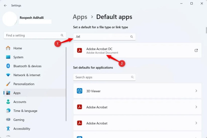 Windows 11 Default Apps section highlighting search option.