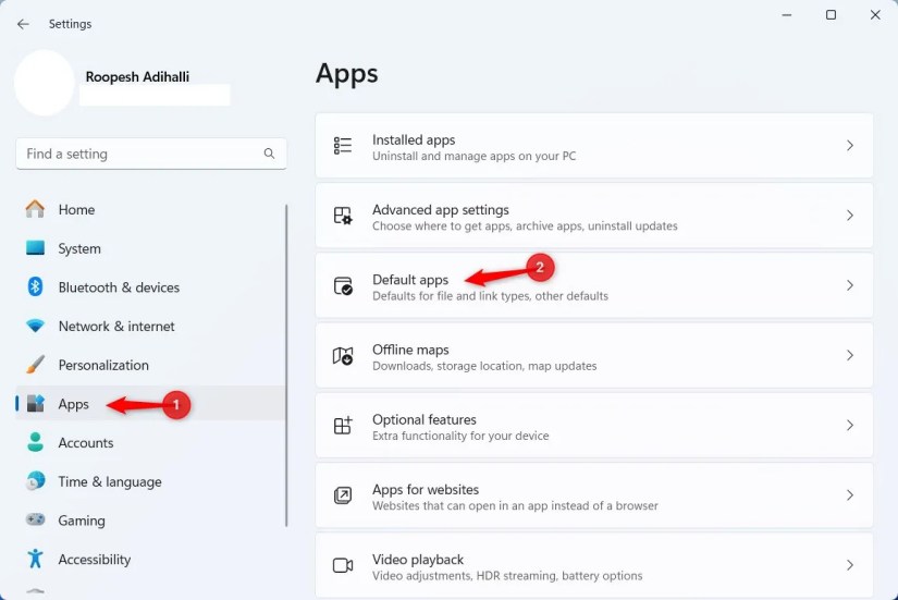 Windows 11 Settings highlighting the Default Apps option.