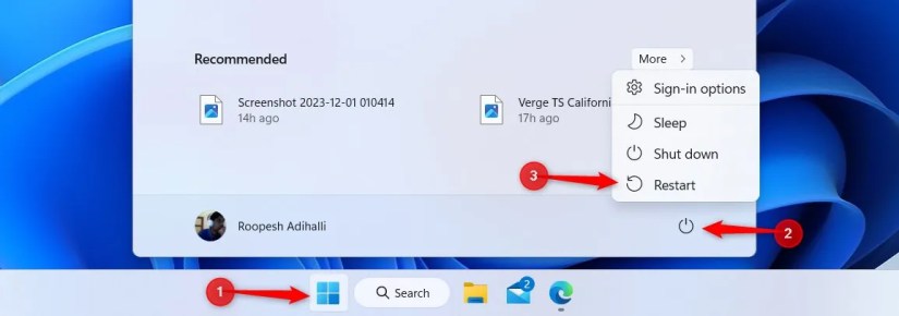 Windows 11 Start menu highlighting the Power menu options.