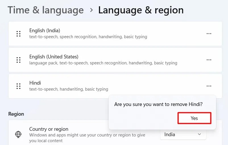 Yes option in the Settings app