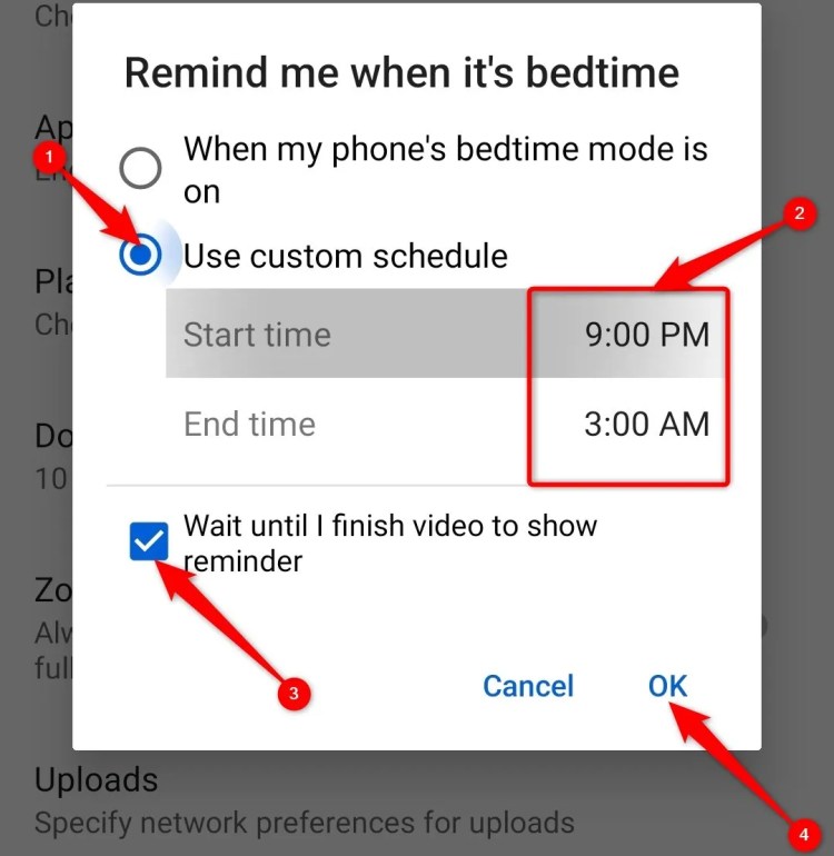 A screenshot of the YouTube bedtime reminder feature