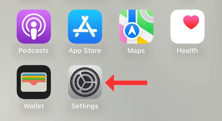 Screenshot of iPhone&rsquo;s home screen highlighting the Settings app icon.