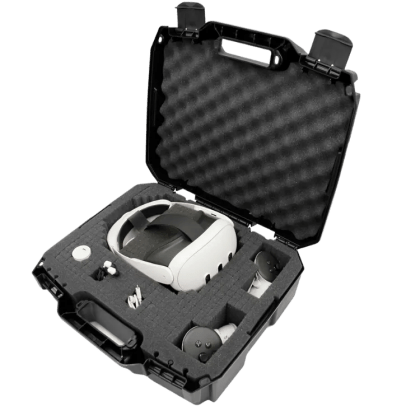 A hard case with foam cutouts for the Quest 3 VR headset.
