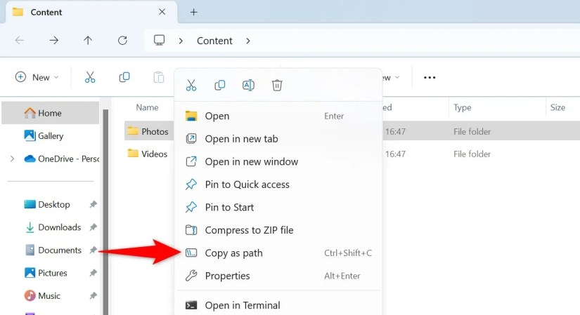 &lsquo;Copy as Path&rsquo; highlighted in an item&rsquo;s right-click menu.