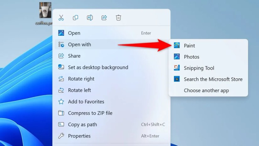 Open With &gt; Paint highlighted in an image&rsquo;s context menu.