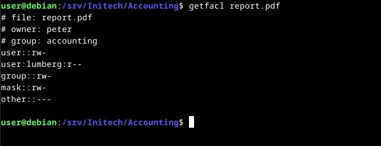 A terminal window showing output of getfacl command on our sample file.