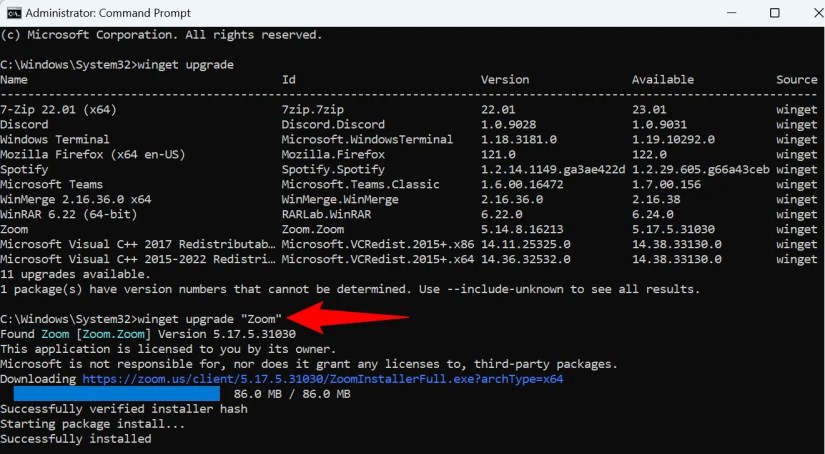 &lsquo;winget upgrade &lsquo;Zoom&rsquo; typed in Command Prompt.