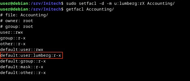 A terminal window showing setfacl command to set permissions, then getfacl to show them.