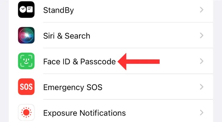 Screenshot of the Settings app highlighting the Face ID &amp; Passcode option.