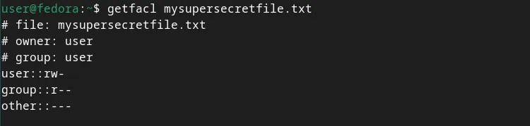A terminal window showing the getfacl command and its output, with minimal ACL permissions.