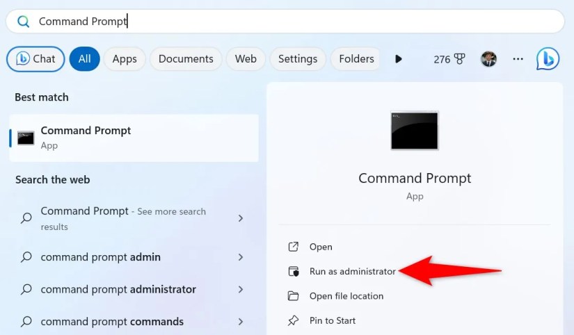 &lsquo;Run as Administrator&rsquo; highlighted for Command Prompt in Start Menu.