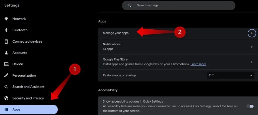 Opening the list of installed apps in Chromebook settings.