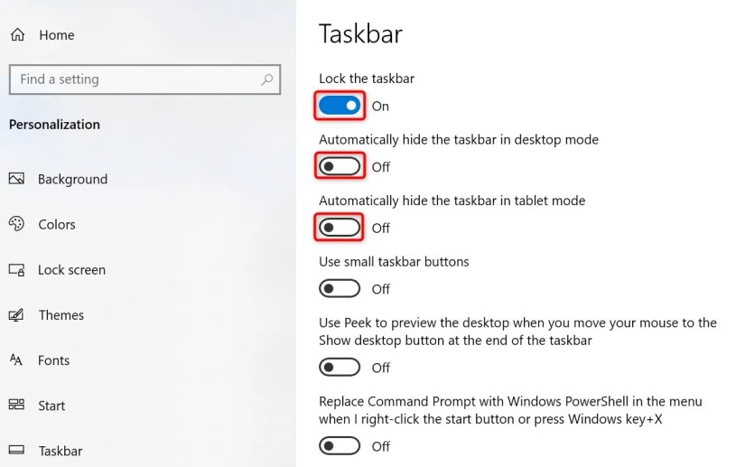 ‘Lock the Taskbar,’ ‘Automatically Hide the Taskbar in Desktop Mode,’ and ‘Automatically Hide the Taskbar in Tablet Mode’ highlighted in Windows 10 Settings.