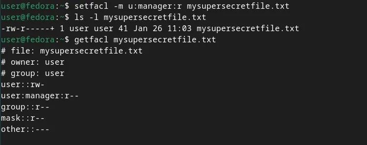 A terminal window showing the setfacl command to add a user ACL entry, the ls -l command, and the getfacl command and their outputs reflecting the new permissions.