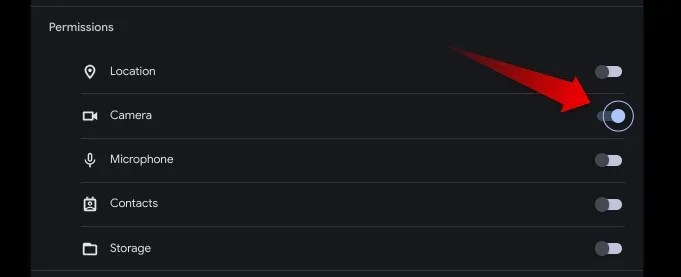 Enabling the camera access for an app in Chromebook Settings.