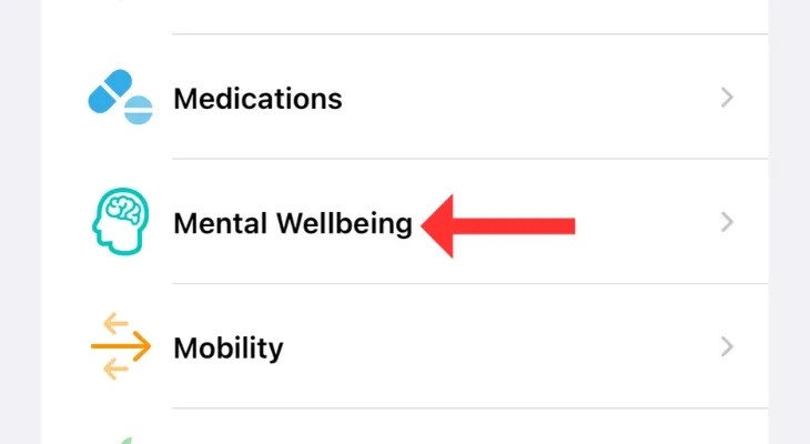 Screenshot of Apple Health with an arrow next to the Mental Wellbeing option.