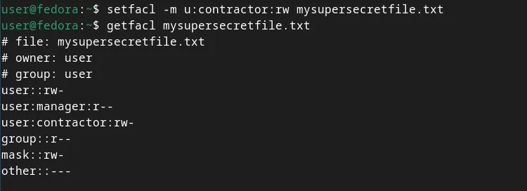 A terminal window showing the setfacl command to add the contractor user with read and write permissions, and getfacl command and its output, particularly the modified mask permissions..