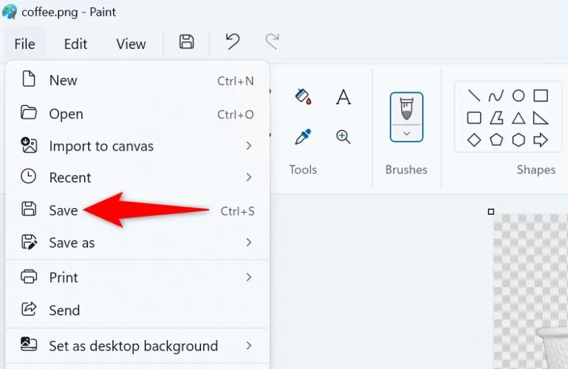 File &gt; Save highlighted in Paint.