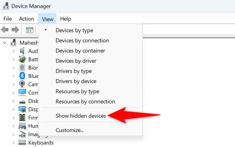 &lsquo;Show Hidden Devices&rsquo; highlighted in Device Manager.