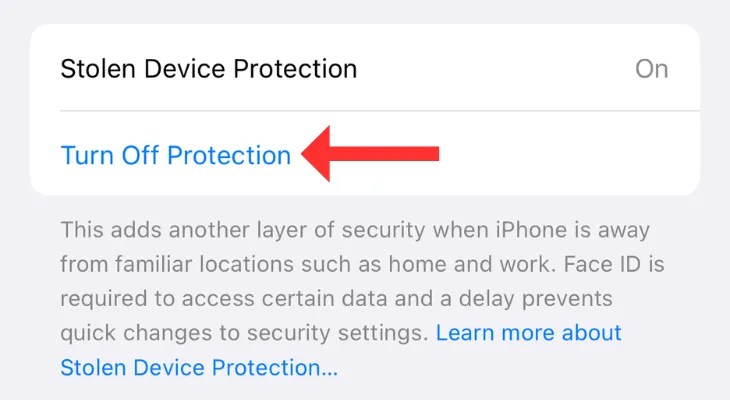 Screenshot highlighting the option to turn off Stolen Device Protection on iPhone.